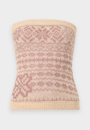 Pletený top bez ramínek v béžové barvě s růžovými geometrickými vzory. Disponuje žebrovaným lemem a měkkou texturou, vhodný pro vrstvení.
