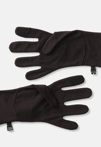 Zwarte handschoenen van zacht stof, met een snug fit, touchscreen-compatibele vingertoppen en verstelbare riemen voor een veilige pasvorm.