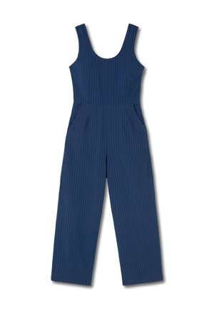 Jumpsuit blu navy realizzato in tessuto testurizzato, con spalline larghe, tasche laterali e una vestibilità ampia con gambe dritte.