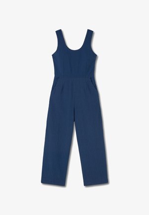 Jumpsuit blu navy realizzato in tessuto testurizzato, con spalline larghe, tasche laterali e una vestibilità ampia con gambe dritte.