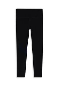 Leggings neri realizzati in tessuto elasticizzato, caratterizzati da un elastico in vita alto e una texture liscia e semplice. Nessun motivo o abbellimento visibile.