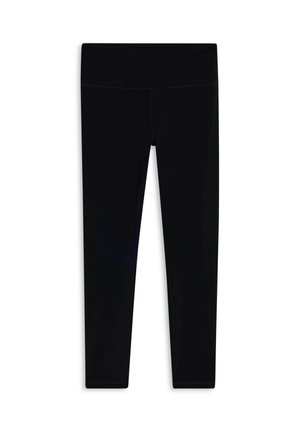 Leggings neri realizzati in tessuto elasticizzato, caratterizzati da un elastico in vita alto e una texture liscia e semplice. Nessun motivo o abbellimento visibile.