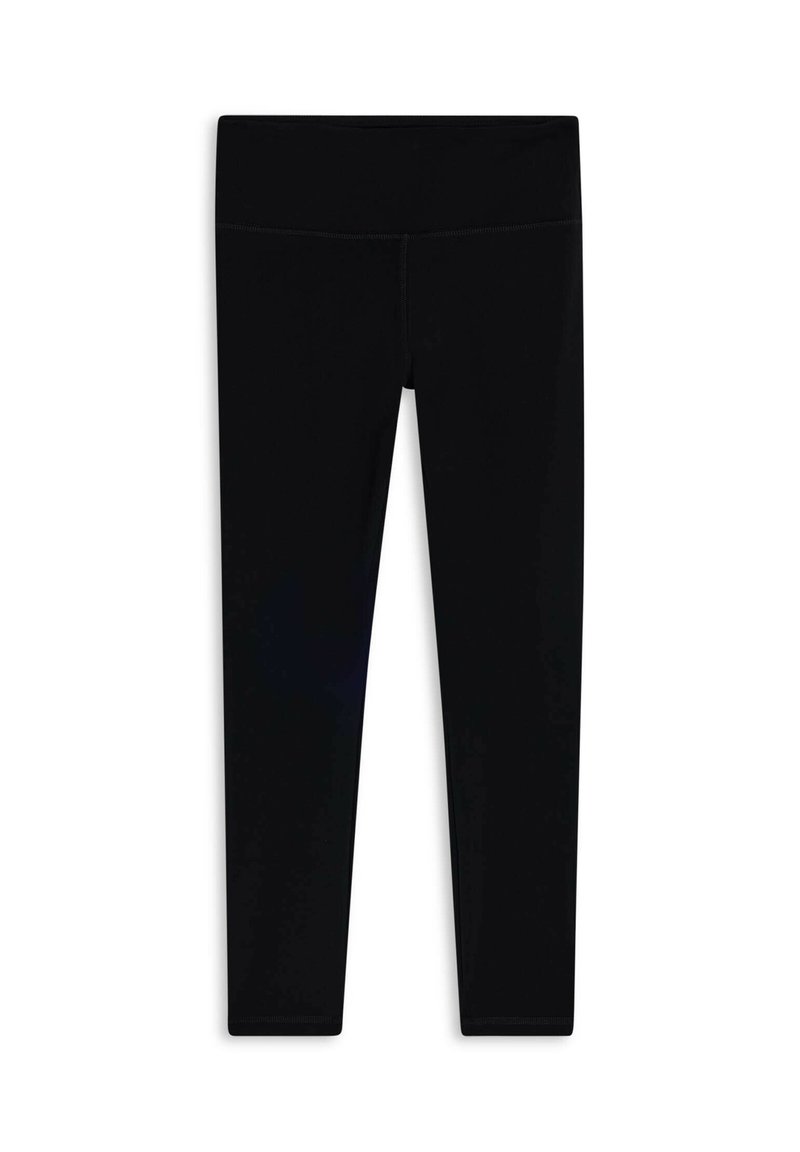 Leggings neri realizzati in tessuto elasticizzato, caratterizzati da un elastico in vita alto e una texture liscia e semplice. Nessun motivo o abbellimento visibile.