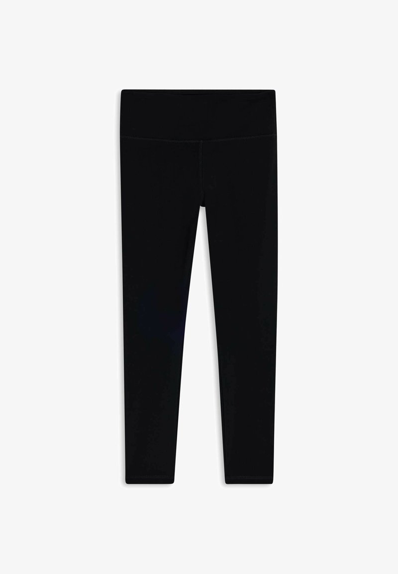 Leggings neri realizzati in tessuto elasticizzato, caratterizzati da un elastico in vita alto e una texture liscia e semplice. Nessun motivo o abbellimento visibile.