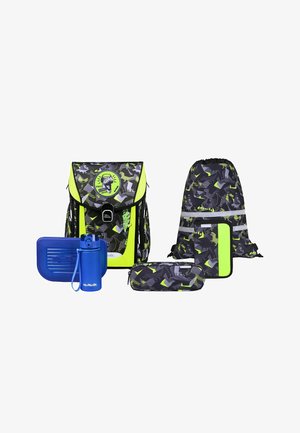 Set de mochila escolar con motivo de dinosaurios, que incluye una mochila, bolsa con cordón, estuche para lápices, botella de agua azul y fiambrera.