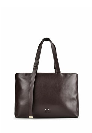 Dunkelbraune Ledertragetasche mit zwei Schulterriemen und einem kleinen "A|X Armani Exchange" Logo in der vorderen Mitte.