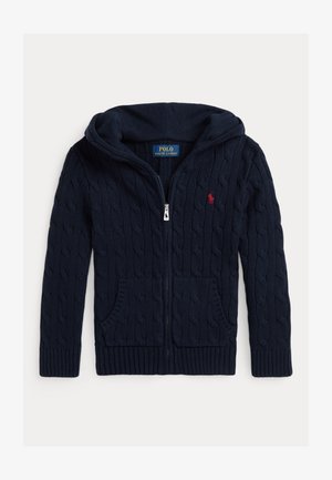 Felpa con cappuccio in maglia navale, con zip frontale, due tasche, polsini e orlo a coste, caratterizzata da un piccolo logo rosso sul lato sinistro del petto.