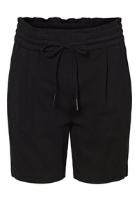 Shorts noirs avec une ceinture élastique et un cordon de serrage, dotés de poches latérales et d'une coupe décontractée. Tissu lisse avec une texture subtile.