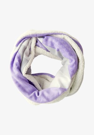 Lila und weiße Unendlichkeitsschal aus weichem Stoff, mit einem flauschigen Innenfutter und einer glatten Außenschicht mit einem subtilen diagonalen Muster.