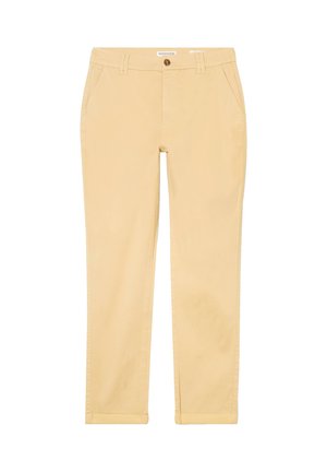 Chinos khaki en mélange de coton doux, avec une coupe droite, des poches avant, une fermeture à bouton et une finition soignée aux ourlets.