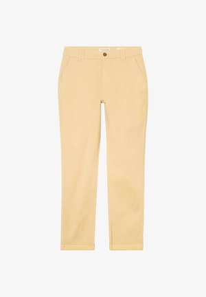 Chinos khaki en mélange de coton doux, avec une coupe droite, des poches avant, une fermeture à bouton et une finition soignée aux ourlets.