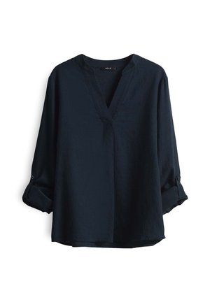 Dunkelblaue Bluse mit langen Ärmeln, V-Ausschnitt und hochrollbaren Knopfmanschetten. Aus leichtem Stoff mit lockerer Passform gefertigt.