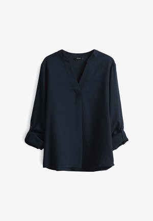 Navyblauwe blouse met lange mouwen, een V-hals en oprollende knopenmanchetten. Gemaakt van lichtgewicht stof met een relaxte pasvorm.