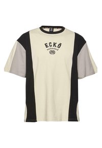 Short-sleeve T-shirt in cream, black, and gray color blocks; features "ECKŌ unlimited" logo in black on the chest; cotton material.
