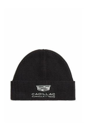 Black ribbed knit beanie with folded cuff embroidered with Cadillac logo and "Cadillac Formula 1 Team" text in white.