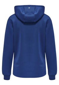 Blauer Hoodie mit einer Kängurutasche, verstellbarem Kordelzug in der Kapuze und gerippten Bündchen. Glatte Stoffstruktur ohne zusätzliche Muster oder Akzente.