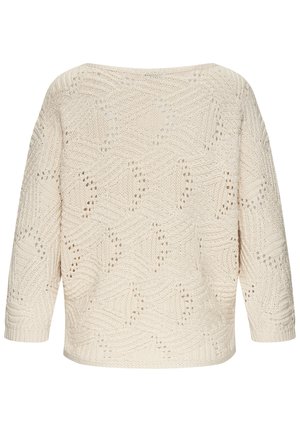 Cream-colored knit sweater with a textured chevron and diamond openwork pattern, long sleeves, and a wide neckline.