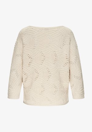 Cream-colored knit sweater with a textured chevron and diamond openwork pattern, long sleeves, and a wide neckline.