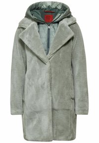 Faux pälsjacka i ljusgrön med avslappnad passform, överdimensionerad krage och avtagbar vadderad huva. Har sidofickor och dragkedja.