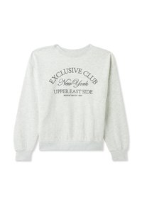 Felpa in cotone grigia con polsini e orlo a coste, con la scritta "EXCLUSIVE CLUB NEW YORK UPPER EAST SIDE" stampata in testo grigio scuro.