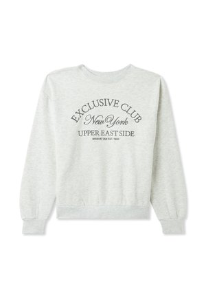Felpa in cotone grigia con polsini e orlo a coste, con la scritta "EXCLUSIVE CLUB NEW YORK UPPER EAST SIDE" stampata in testo grigio scuro.