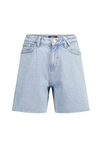 Vaaleansiniset farkkushortsit, joissa on korkea vyötärö, viisi taskua, hapsutettu helma ja nappikiinnitys. Normaalimittainen malli ja minimalistinen muotoilu.