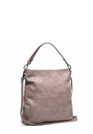 Sac à main en cuir souple lavande avec une texture lisse, comprenant une poignée incurvée, une bandoulière amovible et des détails de couture.