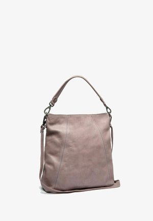 Borsa in pelle di un morbido lavanda con una superficie liscia, caratterizzata da un manico curvo, una tracolla rimovibile e dettagli cuciti.