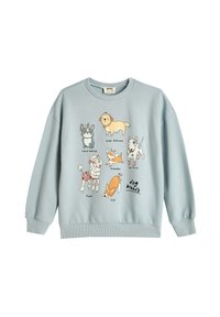 Felpa azzurra chiara con collo a giro e polsini a coste, caratterizzata da illustrazioni di cartoni animati di diverse razze di cani sulla parte anteriore.