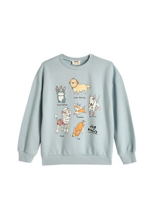 Felpa azzurra chiara con collo a giro e polsini a coste, caratterizzata da illustrazioni di cartoni animati di diverse razze di cani sulla parte anteriore.