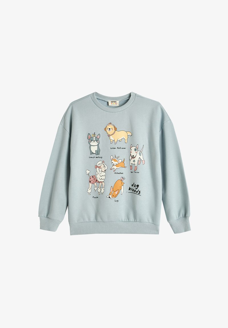 Sudadera de color azul claro con cuello redondo y puños de canalé, que presenta ilustraciones de dibujos animados de varias razas de perros en la parte frontal.