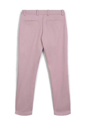 Hellrosa Hose mit glatter Textur, ausgestattet mit einem taillierten Bund, Gürtelschlaufen und zwei Gesäßtaschen. Einfaches Design, gerader Beinschnitt.