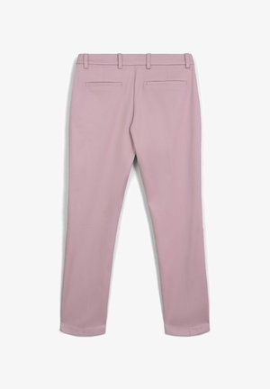 Light pink trousers with a smooth texture, featuring a fitted waistband, belt loops, and two back pockets. Simple design, straight leg shape.