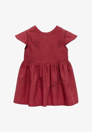 Red linen dress with short cap sleeves, round neckline, and gathered waist. Features butterfly embroidery on the bodice and skirt.