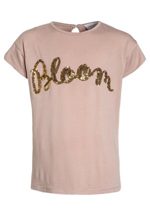Lyserød kortærmet skjorte med rund hals og det guldpalietterede ord "Bloom" på tværs af brystet, med lukning bagpå med knapper.