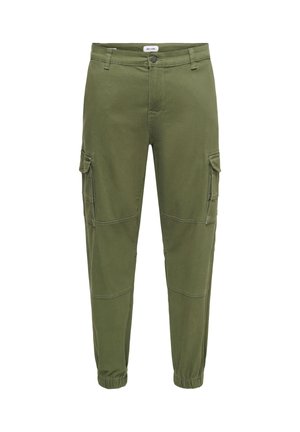 Olive green cargo pants made of cotton blend, featuring side pockets, elastic cuffs, and visible stitching details for added texture.