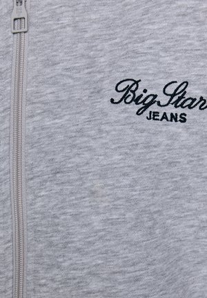 Felpa grigia con zip realizzata in un tessuto morbido e strutturato. Presenta il logo ricamato "Big Star" e la scritta "JEANS" in filo nero a contrasto.