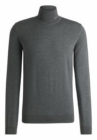 Grau gefärbter Rollkragenpullover aus weichem Strickmaterial mit langen Ärmeln und taillierter Silhouette. Besitzt eine dezente Textur und einen gerippten Kragen.