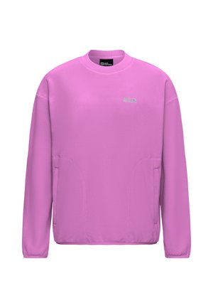 Sweat-shirt en polaire rose vif. Présente un col rond, des manches longues et des poches latérales. Logo imprimé en vert. Texture lisse.