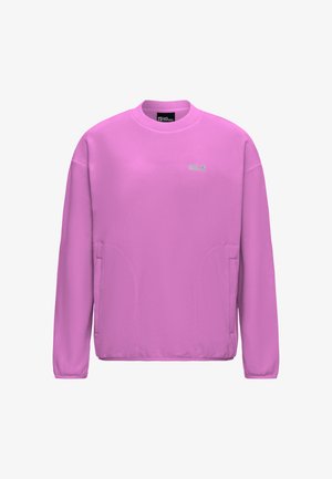 Fleece-Sweatshirt in leuchtendem Pink. Verfügt über einen Rundhalsausschnitt, lange Ärmel und Seitentaschen. Logo in Grün gedruckt. Glatte Textur.