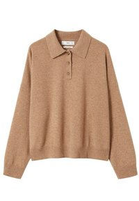 Beżowy sweter z długim rękawem, wykonany z dzianiny, z kołnierzem i trzema guzikami z przodu, zaprojektowany z myślą o luźnym kroju.