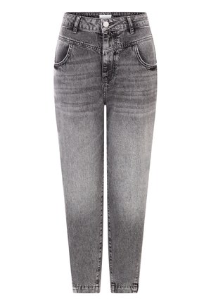 Jeans in denim grigio a vita alta con lavaggio sbiadito, cinque tasche e chiusura con bottone metallico. Design a gamba dritta con dettagli di cucitura visibili.