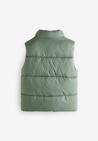Padded vest w jasnozielonym kolorze, z wysokim kołnierzem i poziomym przeszyciem. Gładka tekstura, bez rękawów i dopasowany krój.
