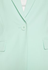 Mintgroene blazer met een enkele knoopsluiting, notch revers en twee voorkeurszakken. Gemaakt van een gladde stof met een gestructureerd ontwerp.