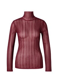 Haut à col roulé en dentelle transparente de couleur bourgogne à manches longues, avec un motif à rayures verticales. Présente une silhouette ajustée et un col haut.