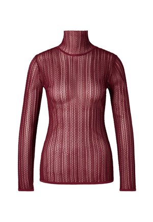Bordeaux lange mouwen turtleneck top, gemaakt van doorschijnende kant met een verticaal streepjespatroon. Heeft een aansluitende silhouet en een hoge hals.