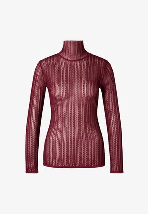 Burgundijas krāsas garu piedurkņu turtleneck krekls, kas izgatavots no caurspīdīgas mežģīnes ar vertikālu svītru rakstu. Tam ir pieguļoša silueta un augsts kakls.