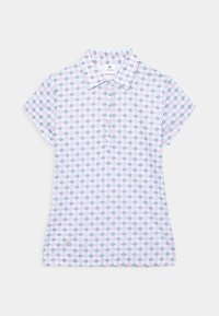 Polotröja med korta ärmar, tillverkad av lättviktsmaterial, med ett geometriskt mönster i ljusblått, rosa och svart. Krage och knäppning framtill.