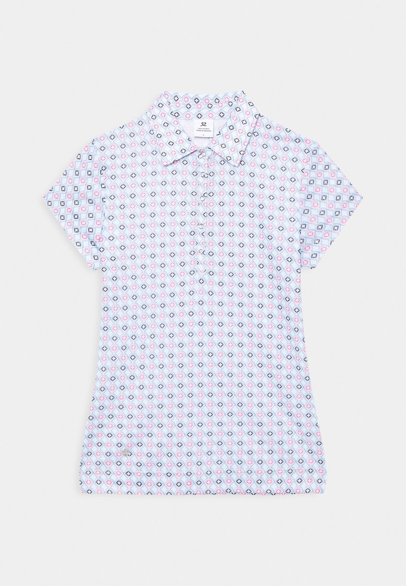 Polotröja med korta ärmar, tillverkad av lättviktsmaterial, med ett geometriskt mönster i ljusblått, rosa och svart. Krage och knäppning framtill.