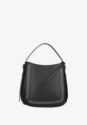 Sac à main en cuir noir avec un design incurvé, accents de couture blanche, une seule poignée supérieure et une bandoulière réglable.